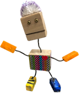 Shozbot, a handmade robot made of a wood block, wire and resin.